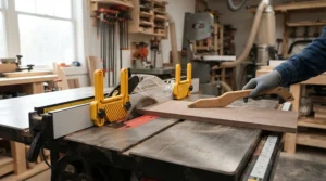 Using a dual featherboard kit for narrow stock that applies horizontal and vertical pressure simultaneously.