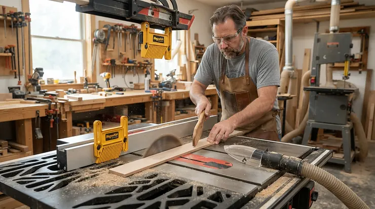A craftsman safely guiding thin lumber using a dual featherboard kit for narrow stock.