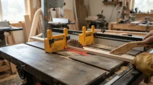 A complete dual featherboard kit for narrow stock installed on a table saw to ensure safe cutting.