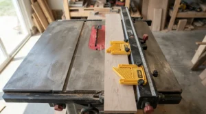 A two featherboard combo kit acting as a dual featherboard kit for narrow stock during a rip cut.
