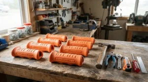 Essential push blocks for jointer and table saw combo arranged near a machine