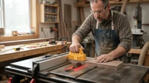A basic safety setup featuring a featherboard for beginners table saw alignment before making a cut.