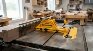An introductory guide illustration showing a featherboard for beginners table saw setup in a garage workshop.