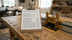 Checking off steps for a featherboard for beginners table saw setup from a workshop checklist.