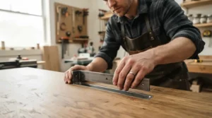 Securing a featherboard for beginners table saw setup using the miter gauge slot mechanism.