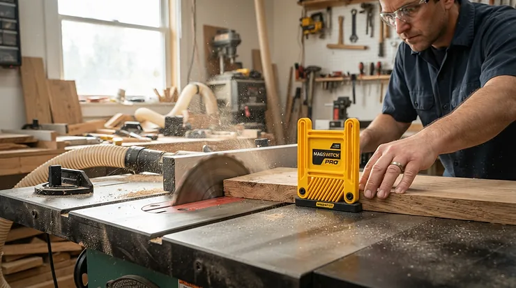 Performing a safe rip cut using a proper featherboard for beginners table saw setup.