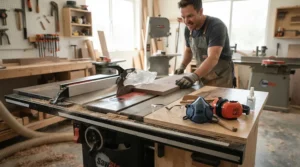 Highlighting beginner table saw safety accessories alongside a featherboard setup on a jobsite saw.