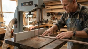 Achieving consistent feed pressure with a featherboard for resawing thin stock during a workshop project.