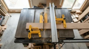 Using a featherboard for resawing thin stock to achieve consistent pressure on narrow lumber.