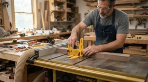 Demonstrating the proper technique using a featherboard for resawing thin stock in a home workshop.