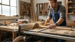 Action shot of a woodworker utilizing a featherboard for resawing thin stock on a professional table saw.