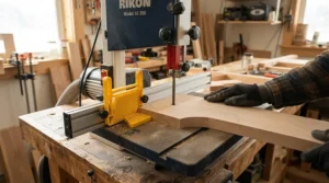 Using a featherboard set under $40 on a band saw table for smooth and straight curved cuts.