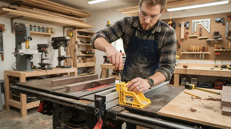 A novice woodworker installing a featherboard set under $40 on a woodworking machine for consistent workpiece pressure.