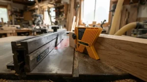 Side view of a featherboard set under $40 applying consistent workpiece pressure against a saw fence.