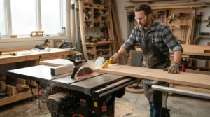 A DIY enthusiast utilizing a featherboard set under $40 for safe rip cuts in the garage.