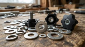Detailed view of the plastic miter bars and hardware included in a featherboard set under $40.