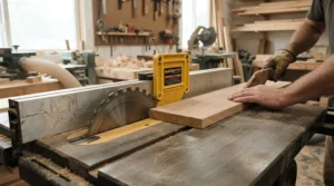 Using a magnetic featherboard for table saw during an angled bevel cutting operation.