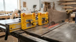 Two magnetic featherboard for table saw units set up in a vertical and horizontal stack.