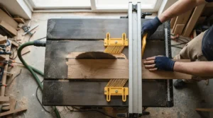 Overhead view of a magnetic featherboard for table saw keeping hardwood tight against the fence.