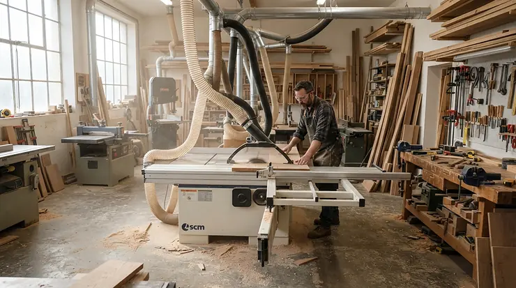 A magnetic featherboard for table saw mounted on a heavy-duty cabinet saw in a professional shop.