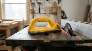 A magnetic featherboard for table saw securely attached to a heavy cast iron top in a woodshop.