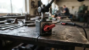 Close-up of the powerful magnetic hold strength of a magnetic featherboard for table saw on metal.
