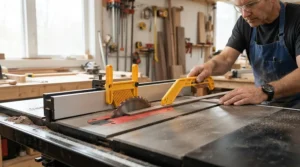 A magnetic featherboard for table saw guiding a very thin strip of lumber safely past the blade.