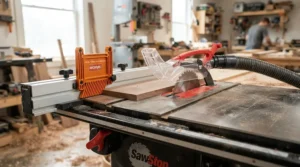 Illustration showing magnetic featherboard vs clamp on featherboard set up on a table saw surface.
