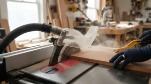 An overhead blade guard for table saw safety connected to a dust collection hose