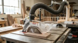 Vacuum hose integration on an overhead blade guard for table saw safety