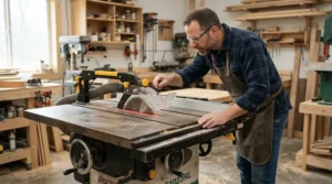 Inspecting a certified overhead blade guard for table saw safety in a garage workshop