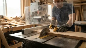 Maintaining blade visibility with an overhead blade guard for table saw safety during a cut