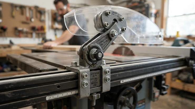 Mounting compatibility demonstrated with an overhead blade guard for table saw safety