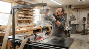 Installing an overhead blade guard for table saw safety in a professional woodshop