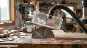A clear overhead blade guard vs riving knife comparison emphasizing dust extraction capabilities.