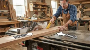 An informative overhead blade guard vs riving knife comparison focused on kickback mechanics during wood cutting.