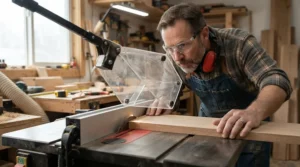 An overhead blade guard vs riving knife comparison showcasing line-of-sight visibility for the woodworker.