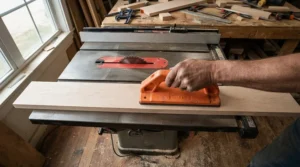 Demonstrating downward pressure with the push block system for narrow rip cuts review