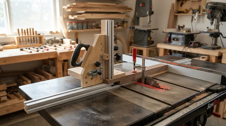 Complete push block system for narrow rip cuts review setup on a table saw in a workshop