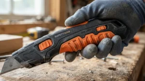 Close-up of the push block system for narrow rip cuts review showing rubber grip pads