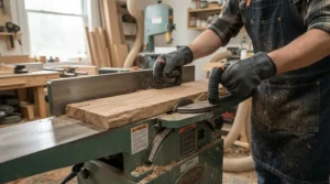 Safety handles being used to flatten rough lumber on a surface planing machine.