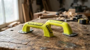 Orange safety push blocks for jointer and table saw combo on a workbench