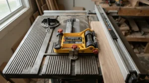 Using a standard featherboard for miter slot table saws on an aluminum top table saw for precise rip cuts.