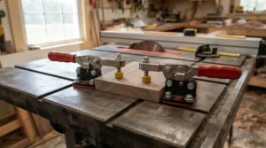 Configuring a dual standard featherboard for miter slot table saws setup for handling thick hardwood planks.