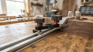 A standard featherboard for miter slot table saws securely locked into the miter gauge track of a woodworking tool.