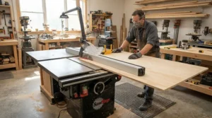 A standard featherboard for miter slot table saws holding a large sheet of plywood firmly against the rip fence.