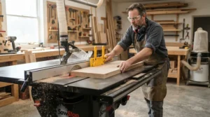 Professional cabinetmaker relying on top rated featherboards for consistent rip cuts in a bustling shop