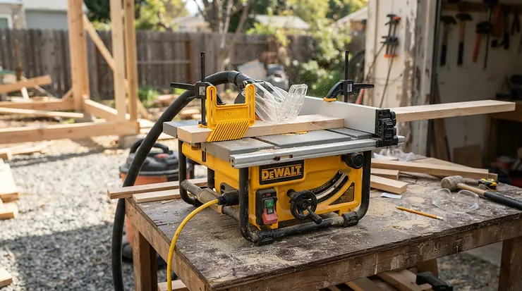 Contractor installing top rated featherboards for consistent rip cuts on a portable jobsite table saw