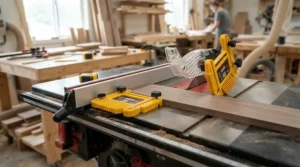 Woodworker using top rated featherboards for consistent rip cuts on a table saw in a home workshop