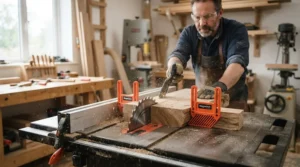 Operator utilizing push blocks for jointer and table saw combo during a cut